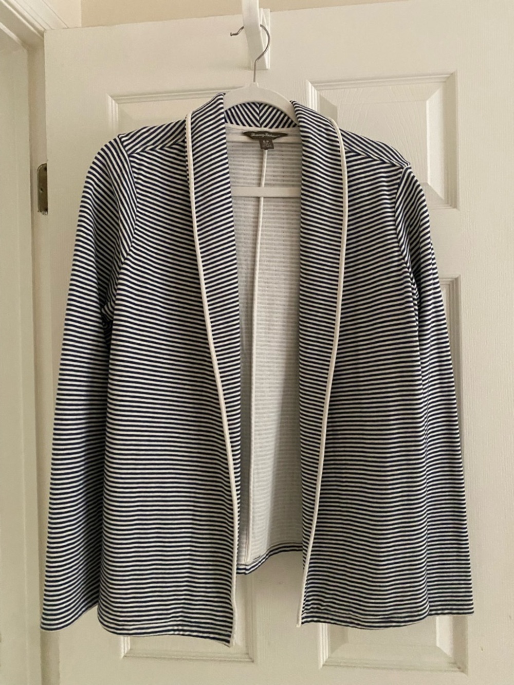 Tommy Bahama Navy and Cream Striped Knit Cardigan